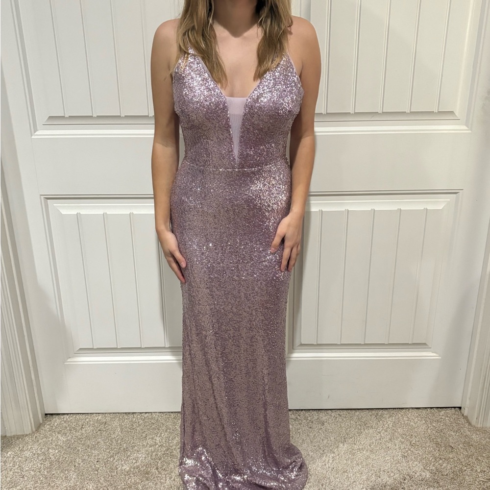 Sequin V-Neck Evening Gown in Lilac